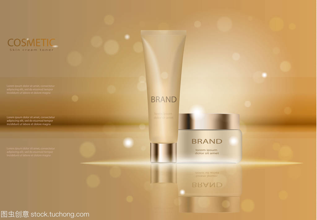 優雅的化妝品。綠松石奶油面具瓶隔離帶亮片。皮膚調色劑廣告模板、 化妝品產品海報、 保濕霜或液體瓶包裝設計。3d 矢量圖